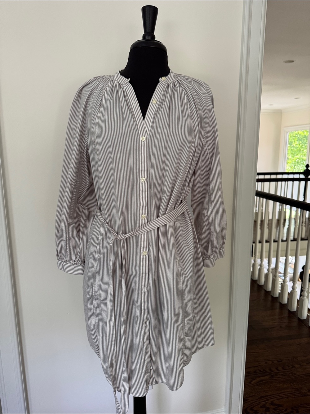 Lucky Brand Striped Button-Up Shirt Dress with Waist Tie - Neutral Stripe
